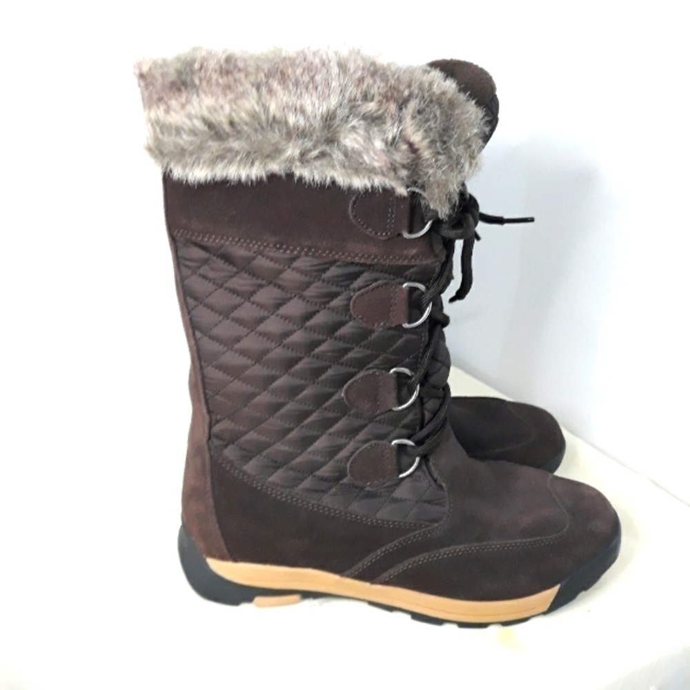 Land's End Women's Suede & Quilted  Brown Fur Trim Fleece Lined Boots Size 10B - Picture 3 of 11